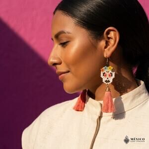 Mexican earrings chaquira SKULL  desing day of the dead 3X1 Inches pink tassel